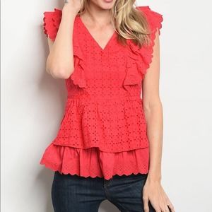 Ruffled Eyelet Top Red V Neck Blouse